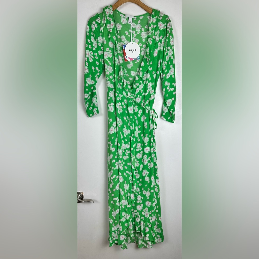 NWT RIXO X Target Green Daisy Long Sleeve Tie Wrap Dress Women’s Size XS Spring